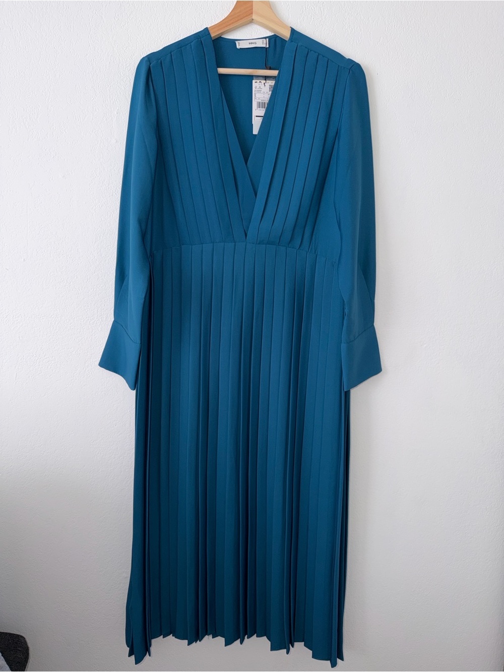 Mango Teal Pleated V-Neck Maxi Dress